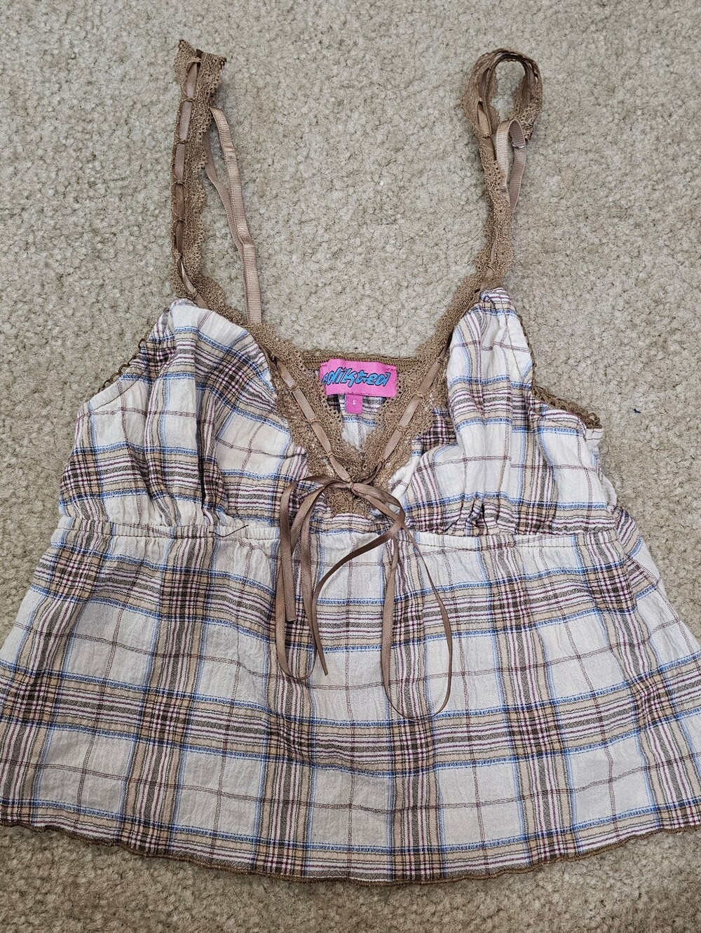 Edikted Plaid Lace Trim Coquette Cami Top Fairycore Ribbon Tie Size S